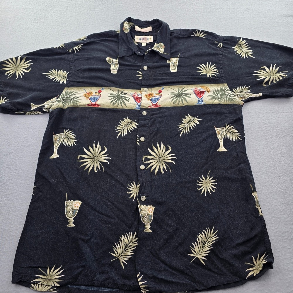 VTG Pierre Cardin Hawaiian Shirt Mens M Black Palm Leaf Tropical Cocktail Print